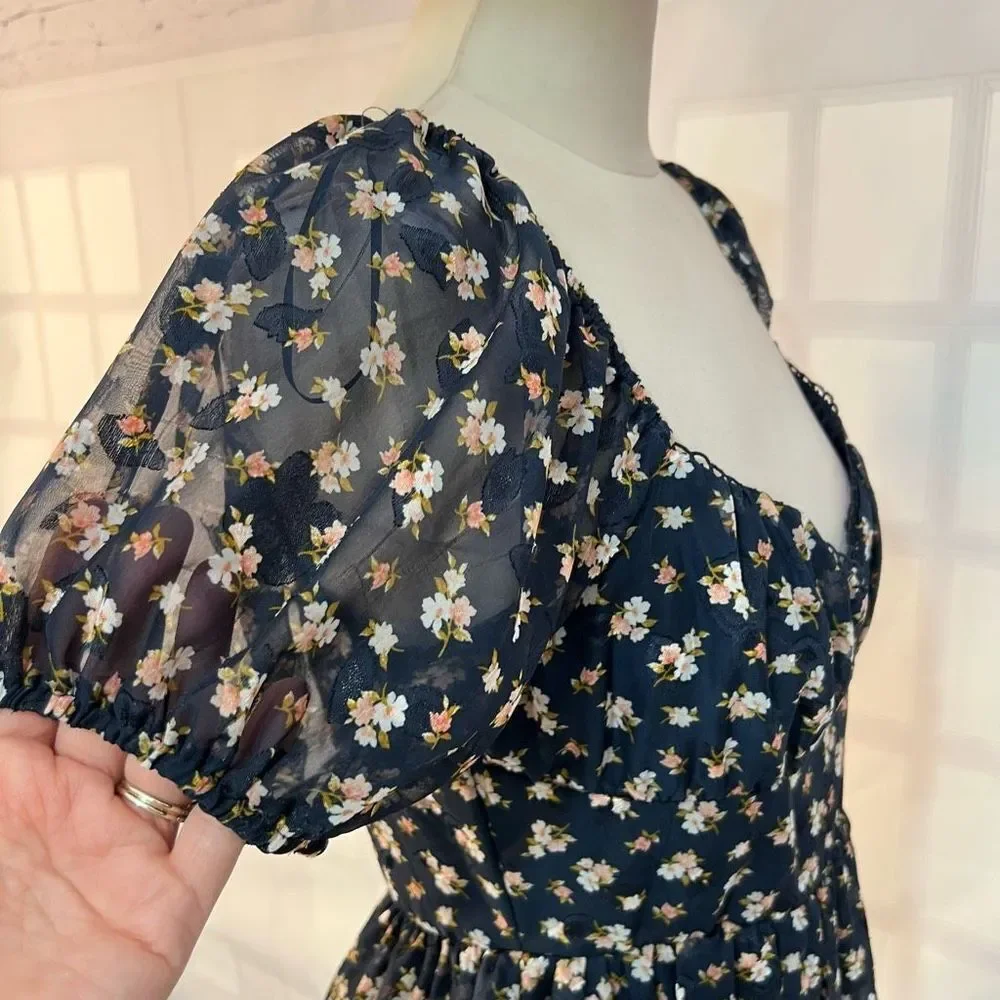 Trixxi Francesca's Willa Floral Puff Sleeve Mini Dress Navy Blue Large NWT - Picture 5 of 11